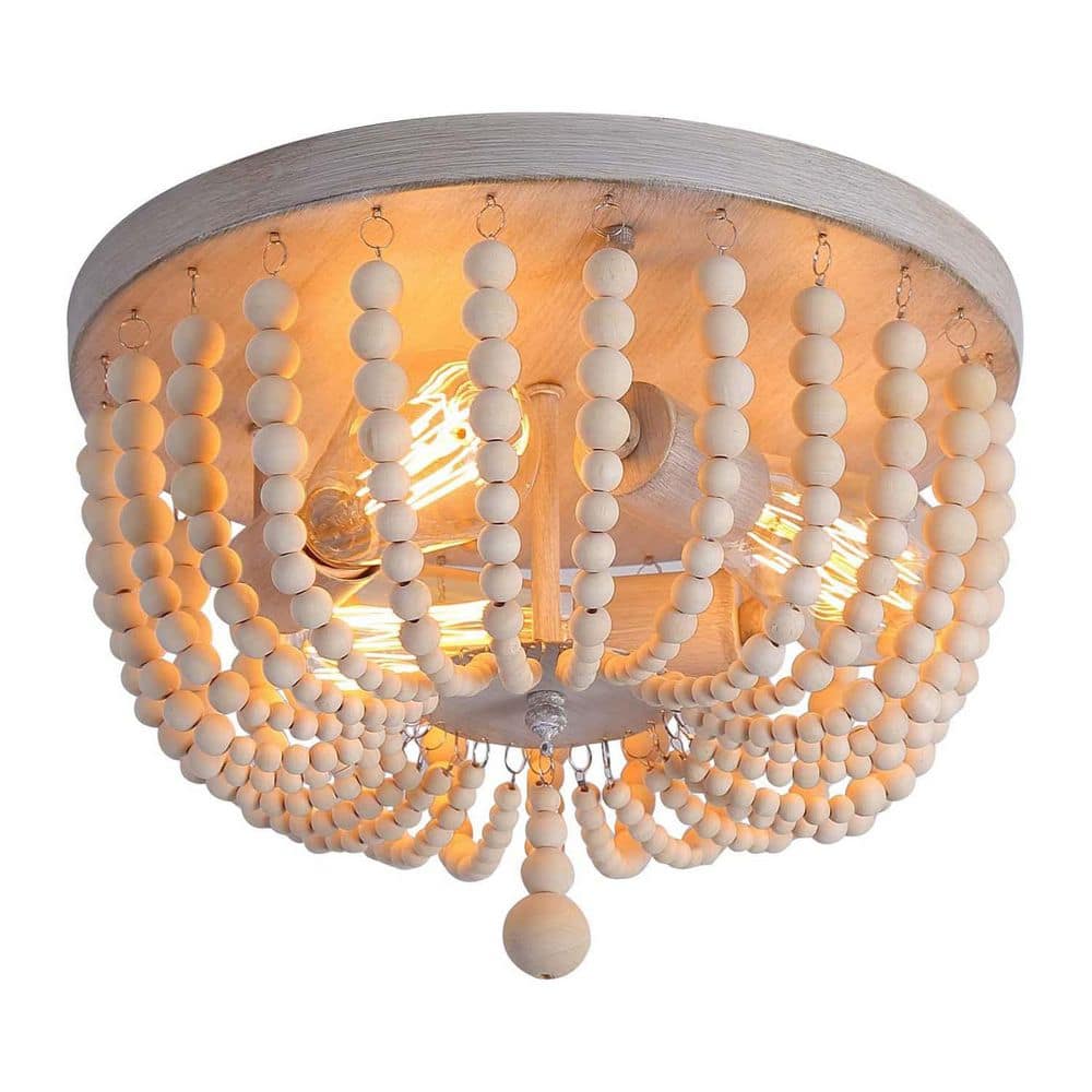 11.8 in. 3-Light Vintage Farmhouse Boho Semi Flush Mount Ceiling Light Fixture with Wood Beaded Shade No Bulbs Included price history on PriceWatchPro
