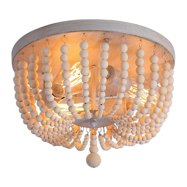 11.8 in. 3-Light Vintage Farmhouse Boho Semi Flush Mount Ceiling Light Fixture with Wood Beaded Shade No Bulbs Included