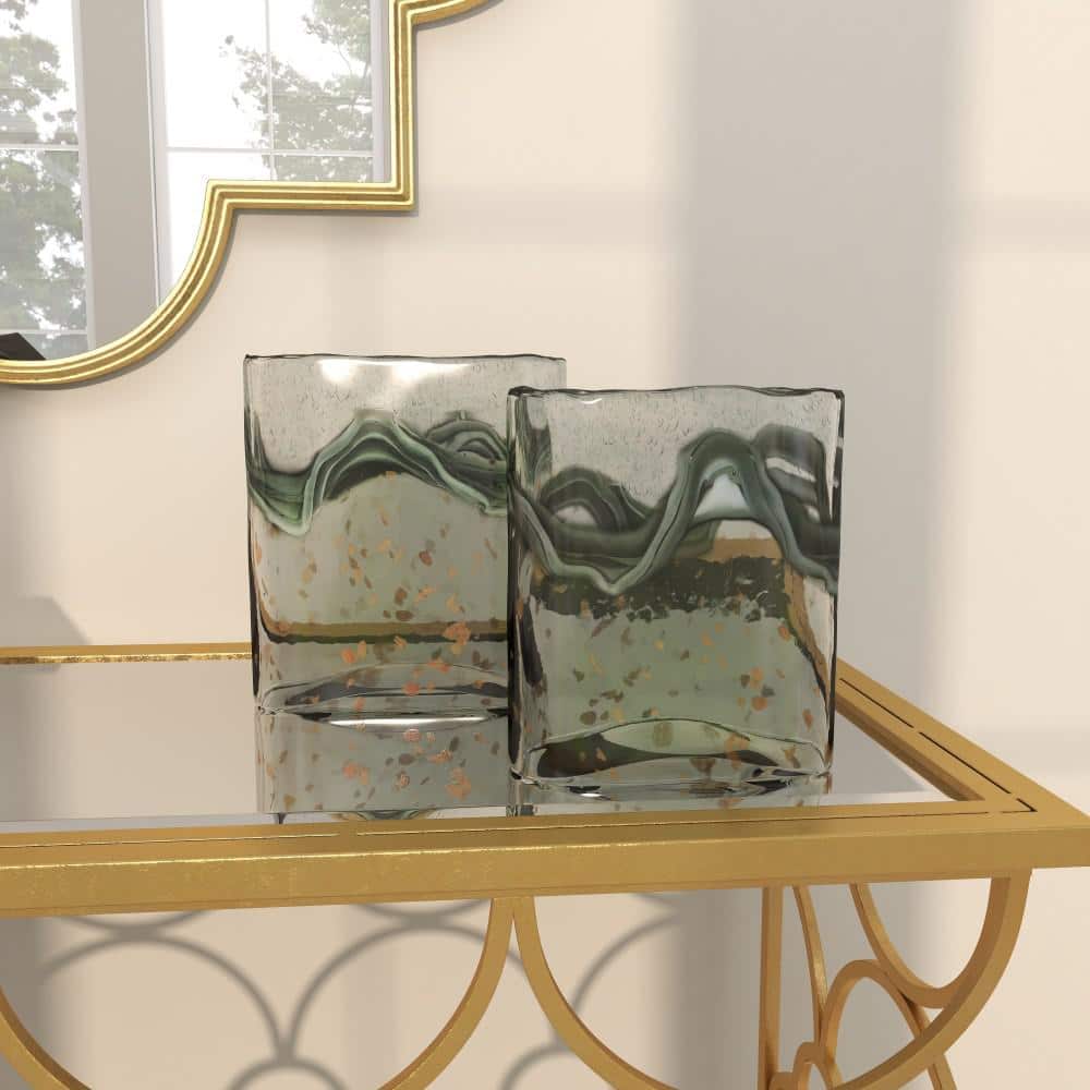 Elegant Gray Glass Vase Duo with Speckled Wave Design