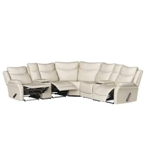 96.82 in. W Flared Arm 7-Piece Fabric Curved Tufted Home Theater Reclining Sectional Sofa in White w/ Storage Consoles