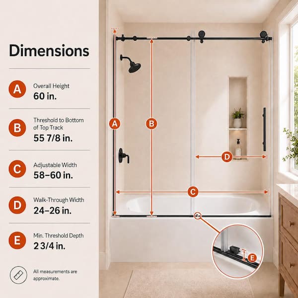 Nexus 60 in. W x 60 in. H Sliding Semi-Frameless Tub Door in Matte Black Finish with Clear Tempered Glass