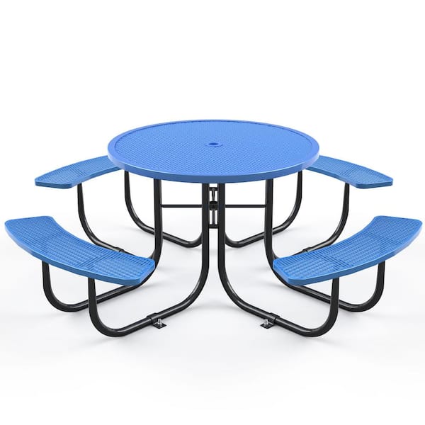 Siavonce Round Outdoor Steel Picnic Table 46 in. with Umbrella Pole, Blue