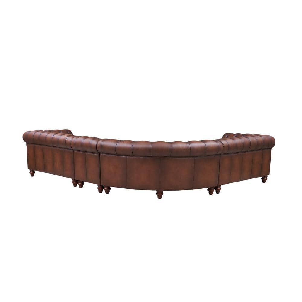 Caramel Brown Leather Tufted Chesterfield Sectional Sofa with Rolled Arms