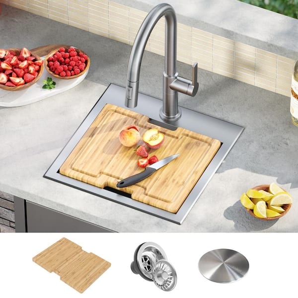 Kore 16 Gauge Marine Grade Stainless Steel 15" Single Bowl Drop-In Outdoor Kitchen Bar Sink with Accessories