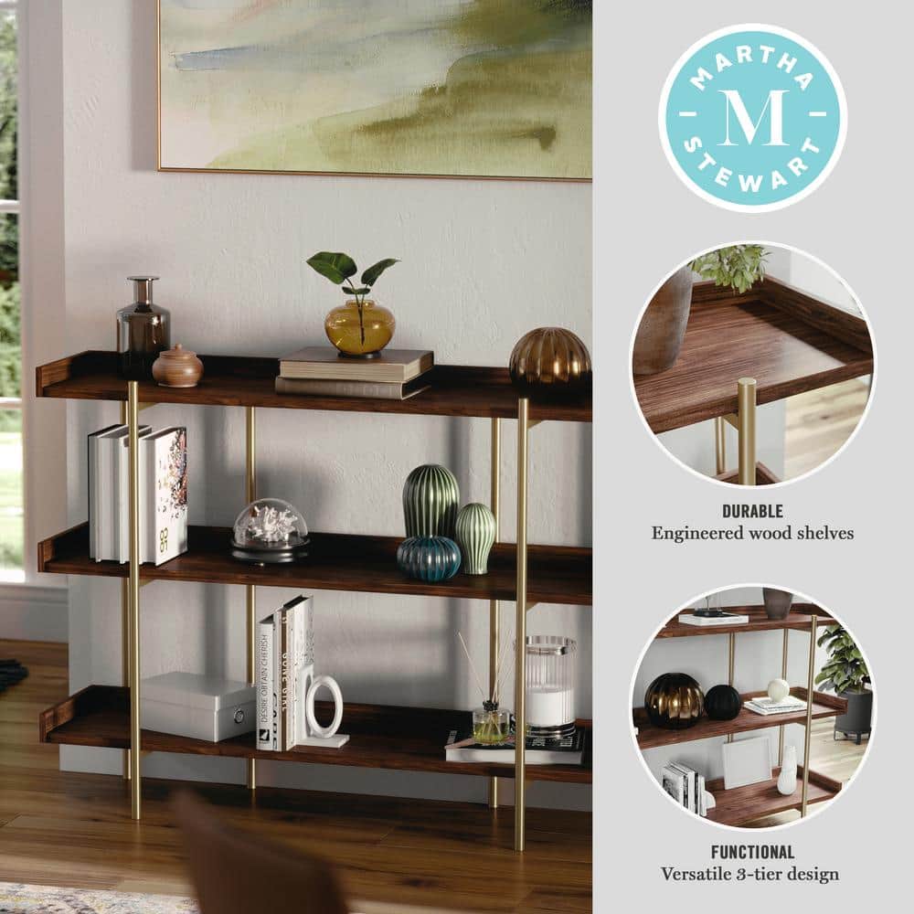 Walnut Wood Grain 3-Shelf Bookcase with Polished Brass Frame