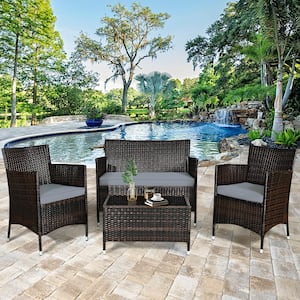 4-Pieces Rattan Patio Conversation Furniture Set Outdoor with Gray Cushion