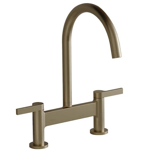 Double Handle Bridge Kitchen Faucet 2-Holes Commercial Brass Kitchen Sink Faucets in Brushed Gold