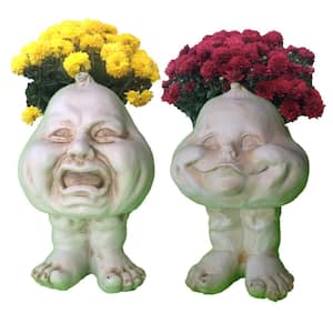 8.5 in. Antique White Crying Brother and Happy Baby the Muggly Face Statue Planter Holds 3 in. Pot