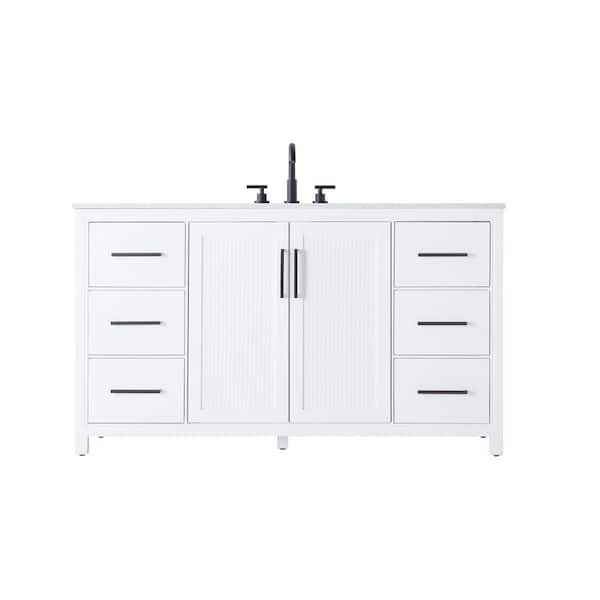 60 in. Single Sink White Bath Vanity with White Engineered Marble Top