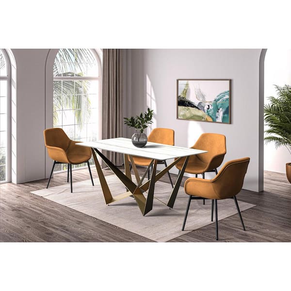 Leisuremod Nuvor Modern Dining Table with a 71 in. Stone Rectangular Top and Gold Steel Pedestal Base, White/Gold Seats 10 Plus