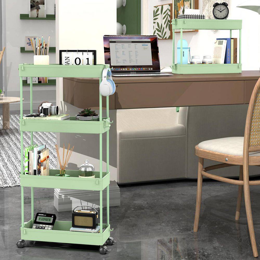 4-Shelf Plastic Slim Rolling Storage Cart with Lockable Wheels and Side Hoops, Mobile Shelving in Green