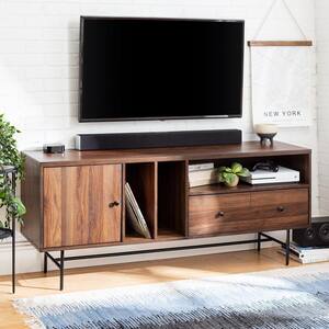 60 in. Dark Walnut Composite TV Stand with 3 Drawer Fits TVs Up to 66 in. with Storage Doors