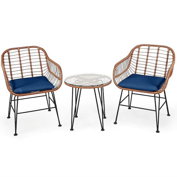 Gymax 3 Piece Wicker Patio Conversation Set Bistro Chat Set w/Navy Cushions