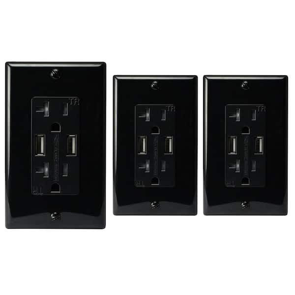 ASI 3.4 Amp USB/20 Amp AC Outlet AC Wall Outlet with USB Charging Ports and Wall Plate, Black (3-Pack)