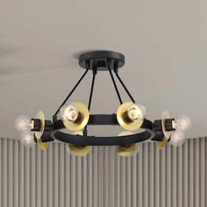 Harmoni 16 in. 8-Light Matte Black Industrial Semi Flush Mount with Brushed Gold Accents for Dining Rooms