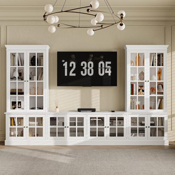 125.2 in. White Multifunctional TV Stand Entertainment Center for TVs Up to 70 in. w/ Glass Doors and Adjustable Shelves