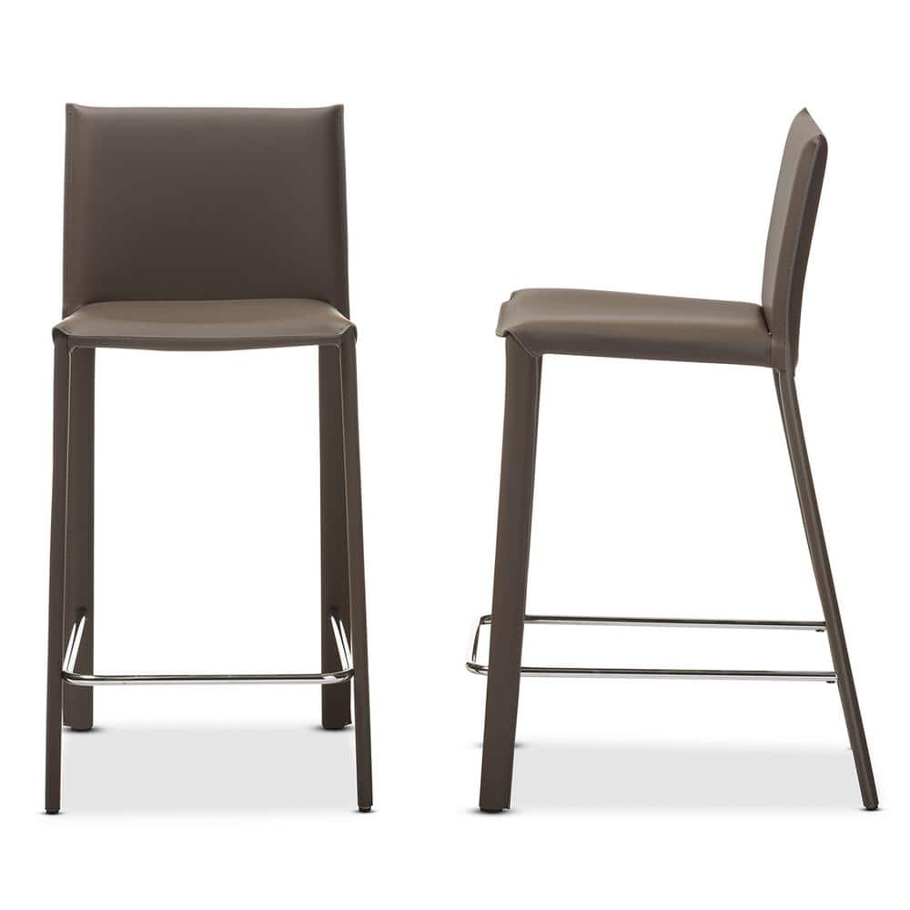 Crawford Contemporary Taupe Leather & Metal Counter Height Barstools, Set of 2