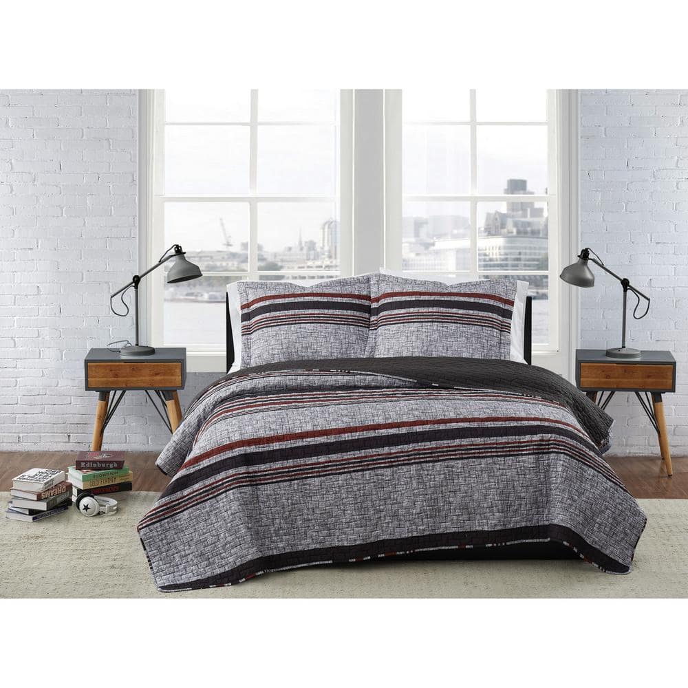 London Fog Warren Stripe Grey and Black Polyester 3Piece King Quilt Set QS3480KG2600 The