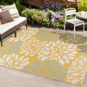 Zinnia Modern Floral Textured Weave Yellow/Cream 8 ft. x 10 ft. Indoor/Outdoor Area Rug