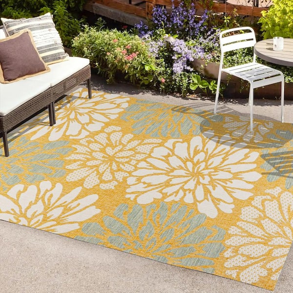 JONATHAN Y Zinnia Modern Floral Textured Weave Yellow/Cream 8 ft. x 10 ft. Indoor/Outdoor Area Rug