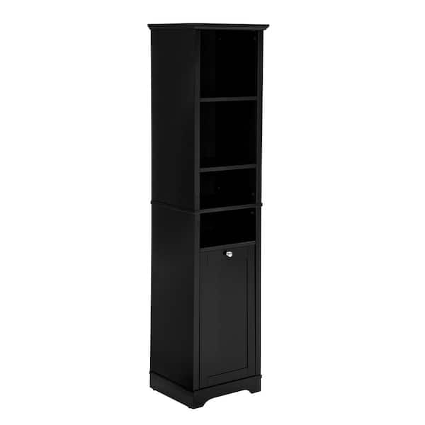 16 in. W x 14 in. D x 64 in. H Black MDF Freestanding Linen Cabinet with Adjustable Shelves and Laundry Hamper