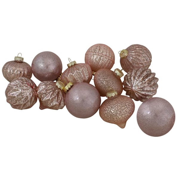 Set of 12 Blush Pink Finial and Glass Ball Christmas Ornaments