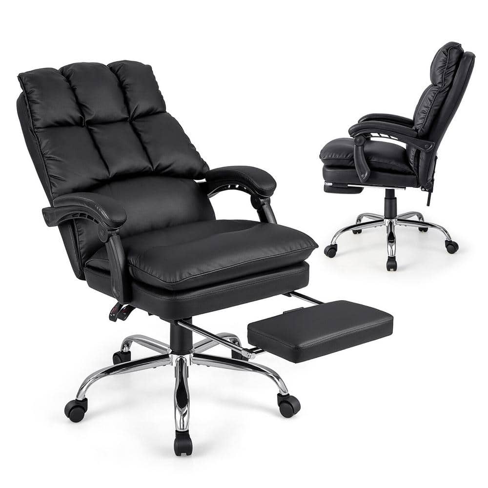 Gymax Faux Leather High Back Reclining Office Chair Ergonomic Computer Desk Chair in Black with Footrest and Pad -  GYM11601