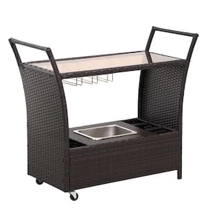 Brown Wicker Patio Rolling Bar Serving Cart/Table with Ice Bucket