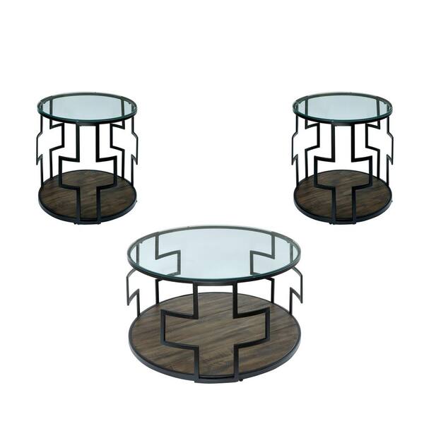 Furniture of America Jerry 3-Piece 34 in. Clear/Black/Walnut Medium Round Glass Coffee Table Set with Shelf