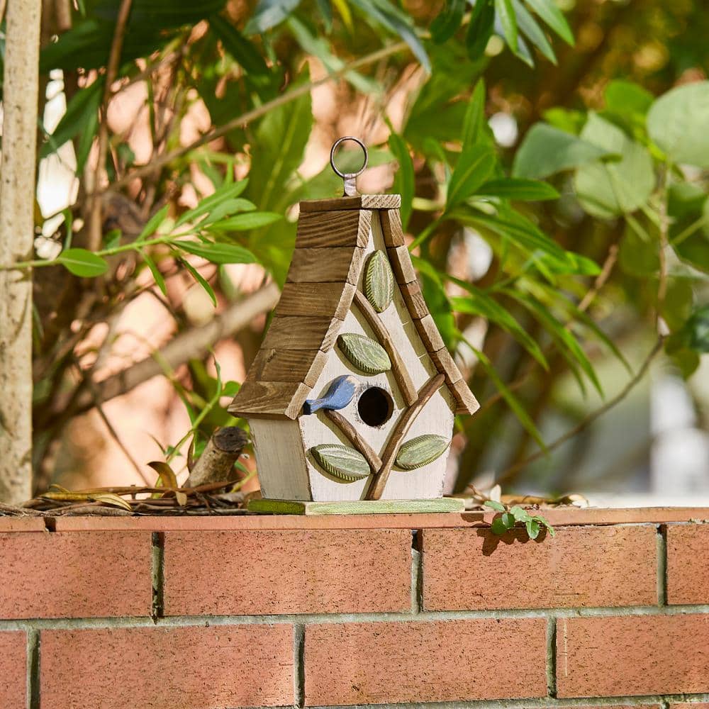 Distressed Washed White Solid Wood Birdhouse with Natural Pallet Roof
