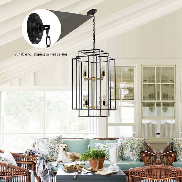 Clihome 8-Lights Black and Gold Lantern Tiered Pendant Light