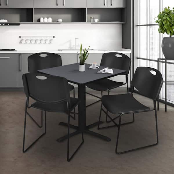 Cain 42 in. Grey Square X-Base Breakroom Table Desk and 4-Zeng Stack Chairs-Black