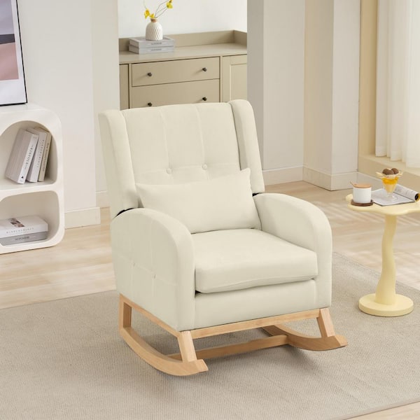JEAREY Laguna Solid Wood Beige Chenille Rocking Chair with Rubberwood Legs and Removable Small Pillow Backrest