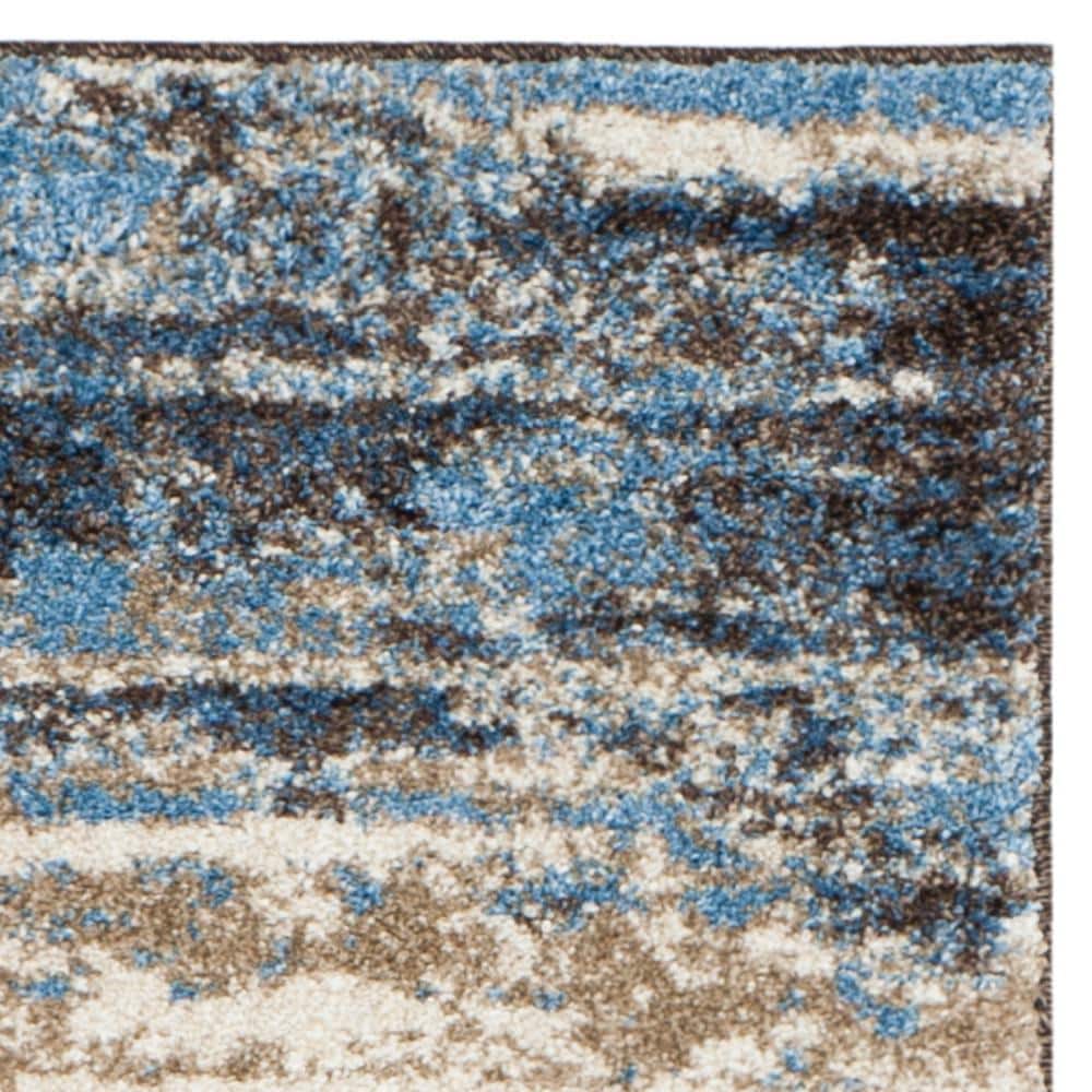 Retro Blue and Cream Abstract Synthetic Runner Rug