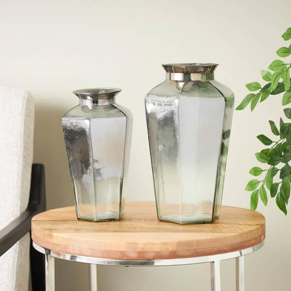 Litton Lane Gray Hexagon Glass Geometric Decorative Vase (Set of 2)