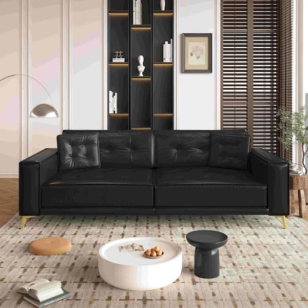 92.1 in. Square Arm Faux Leather Rectangle Sofa with Sofa Bed and Pillows in Black (Seats 4)