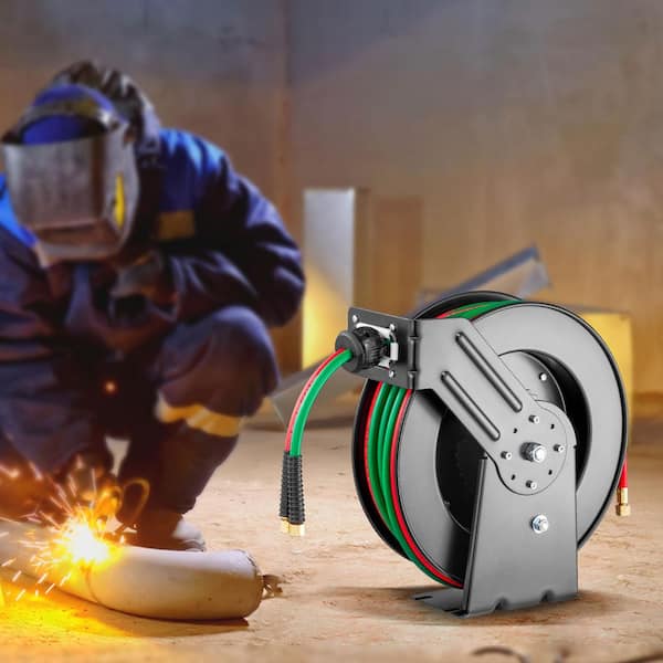 Retractable Welding Hose Reel, 1/4 in. x 50 ft. Twin Oxygen Acetylene Rubber Hose Max 300PSI-R Grade, for Workshops