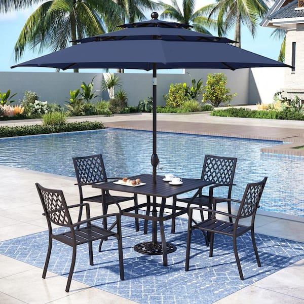 PHI VILLA 6-Piece Metal Patio Outdoor Dining Set with Square Table and Umbrella