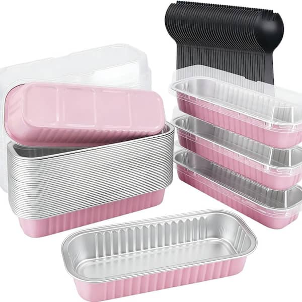 6.8 oz. Rectangle Aluminum Disposable Mini Loaf Baking Pans with Lids for Cake Bread Loaf, Pink (50-Pack)