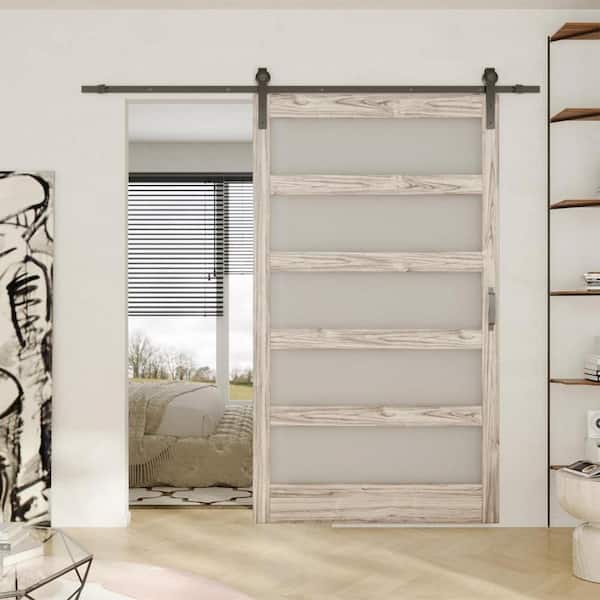 48in x 84in 5-Panel, Frosted Glass, Light Grey, Can't Be Painted, Finished MDF Sliding Barn Door with Hardware Kit