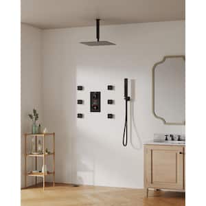 LCD Temp&Time Display 3-Spray 12 in. Black Ceiling Mount Shower System with Shower Head Handheld Set