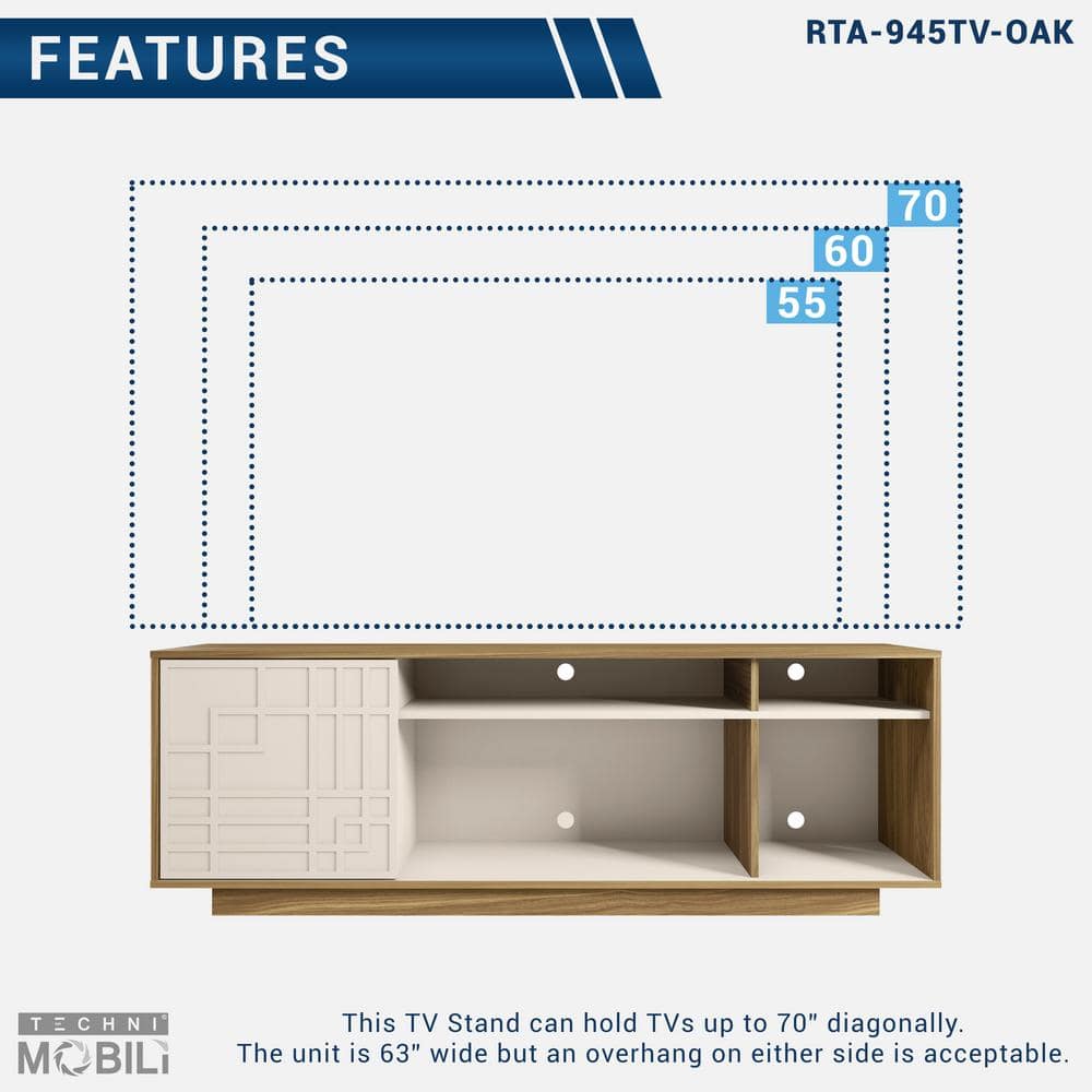 Oak and White Modern TV Stand with Chevron Pattern Cabinet for 70" Screens