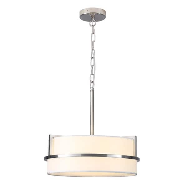 3-Light Nickel Modern Chandelier with Fabric Shaded, Drum Pendant Light for Kitchen Island