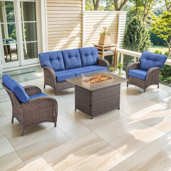 Brynn 4-Piece Brown Wicker Patio Conversation Sofa Set Outdoor Propane Fire Pit Table with Blue Cushions
