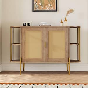 Natural Wood 47.2 in. W Elegant Curved Sideboard with Gold Trim and Woven Rattan Doors