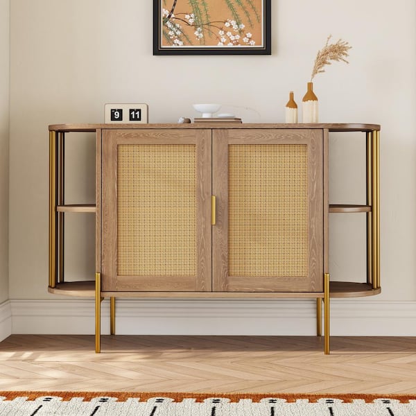 Harper & Bright Designs Natural Wood 47.2 in. W Elegant Curved Sideboard with Gold Trim and Woven Rattan Doors