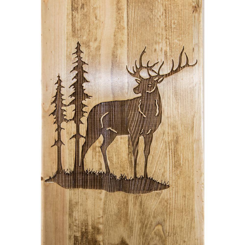 Queen Early American Pine Wood Panel Bed with Elk Motif