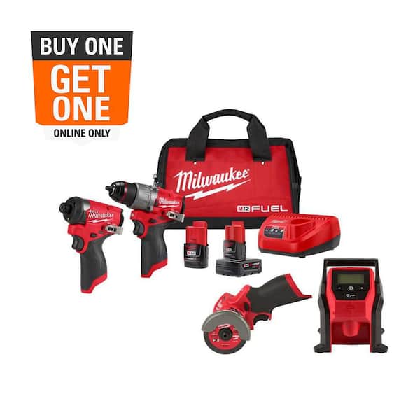 Milwaukee M12 FUEL 12-Volt Li-Ion Brushless Cordless Hammer Drill & Impact Driver Combo Kit w/2 Batteries, Cut Off Saw & Inflator