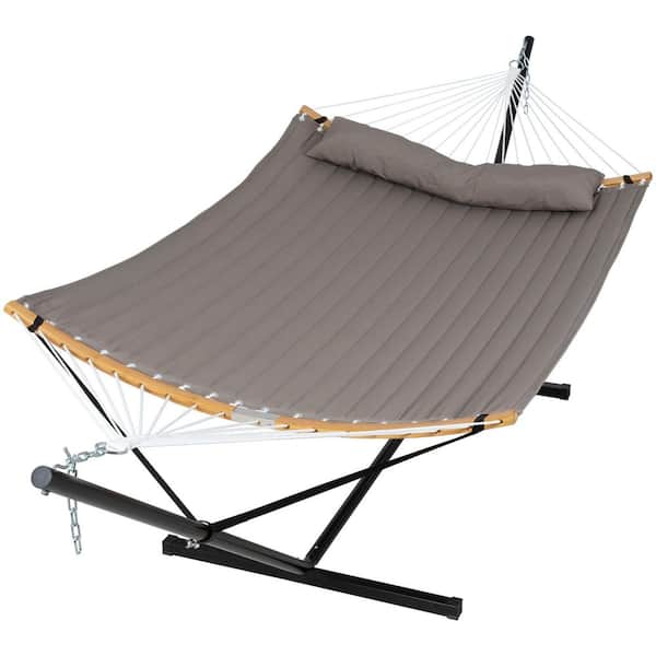 Atesun 12.3 ft. Free Standing, 450 lbs. Capacity, Heavy-Duty 2-Person Hammock with Stand and Detachable Pillow in Brown