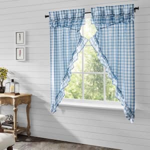 Annie Buffalo Check 36 in. W x 63 in. L Ruffled Light Filtering Rod Pocket Prairie Window Panel in Blue White Pair